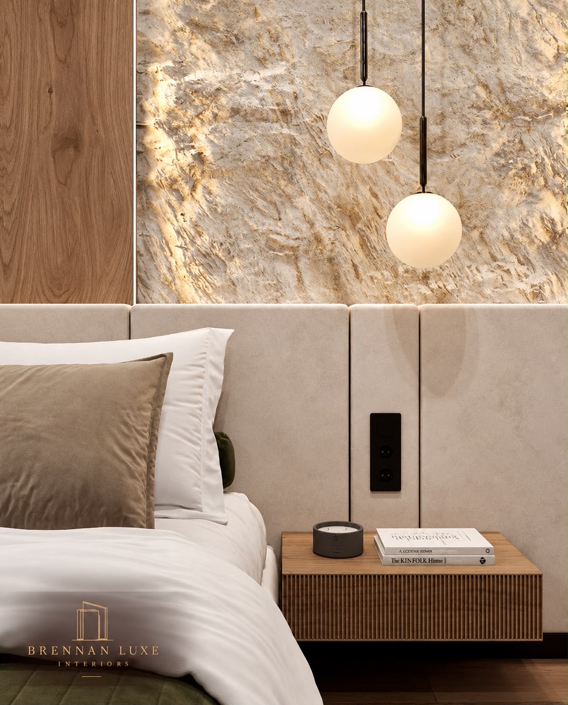 Brennan Luxe bedroom with stone feature wall and pendant lights
