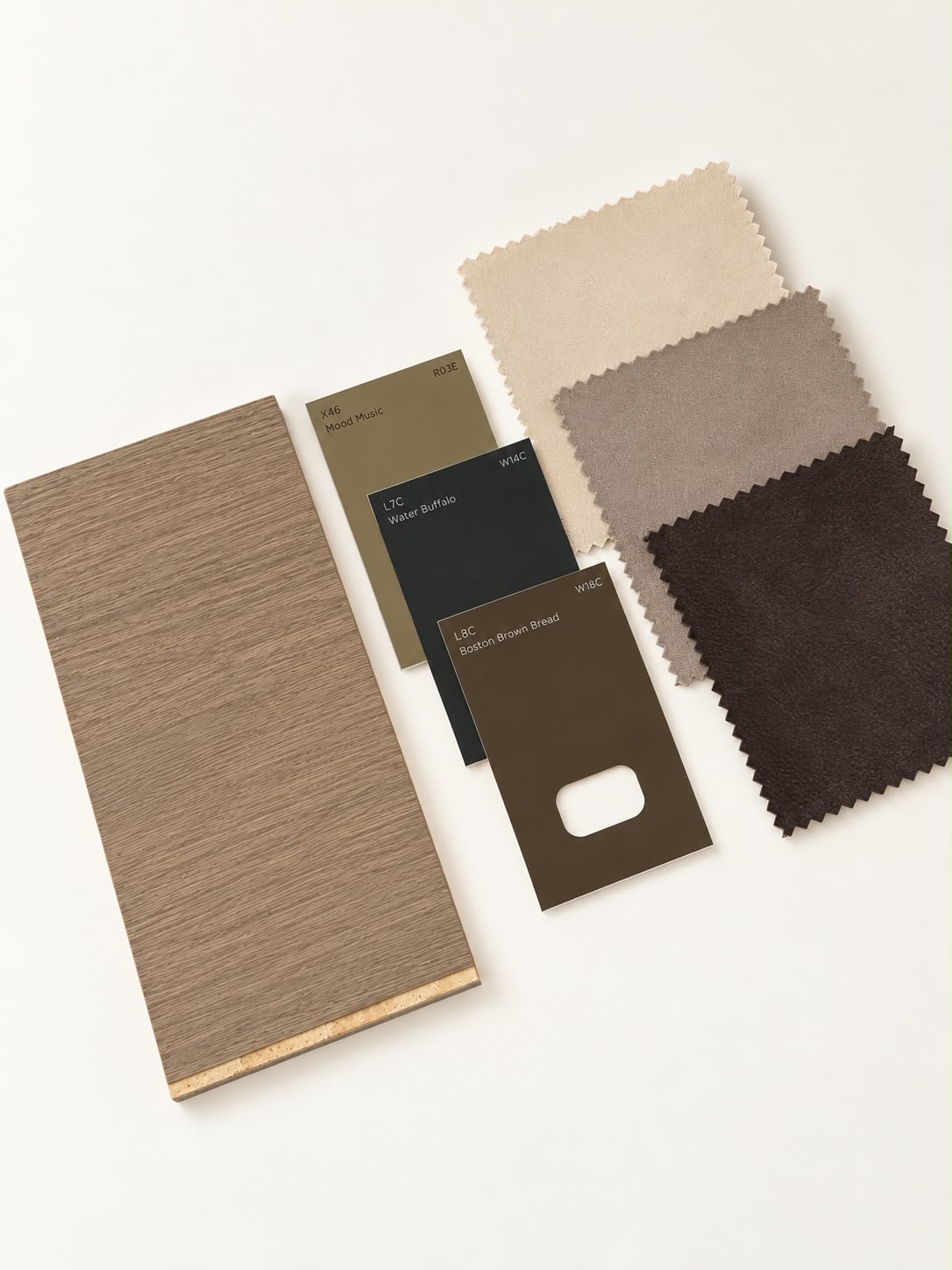 Brennan Luxe fabric and surface samples in neutral tones